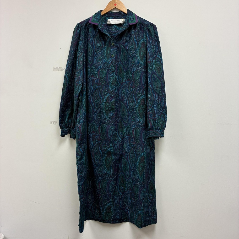 Vintage Schrader Shirt Dress Womens 14 Blue Paisley Collared Long Sleeve USA
